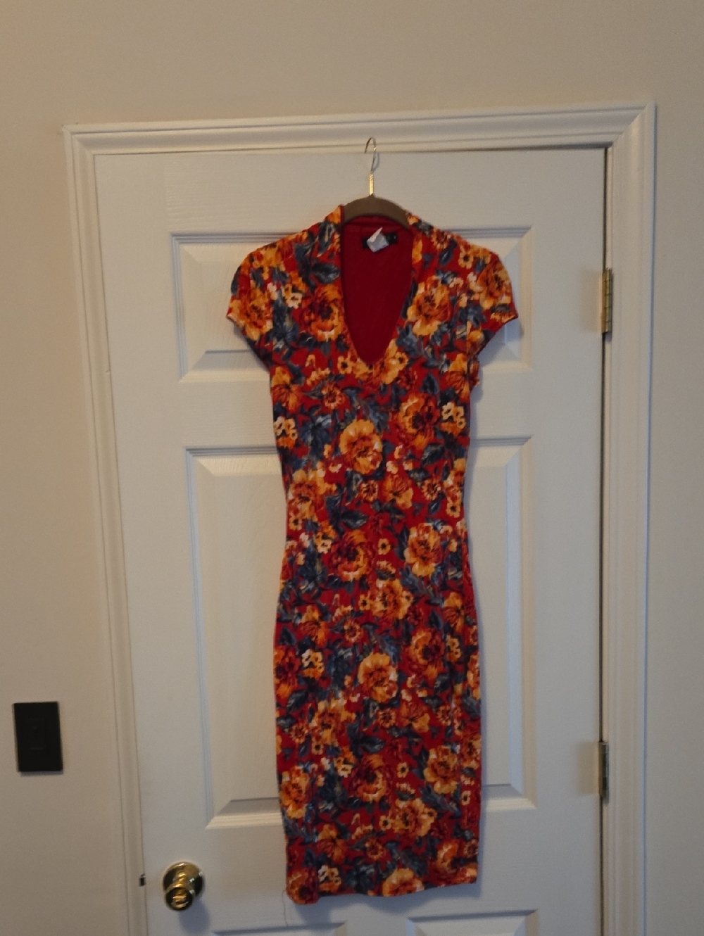 Joe & Elle Red Floral V-Neck Midi Dress with Yellow and Blue Accents